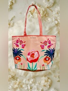 Clinique Pink Floral Print Tote with Multicolor Blooms